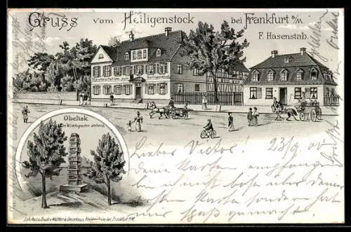 Lithographie Frankfurt-Seckbach, Restaurant Zum Heiligenstock, Gasthaus F. Hasenstab, Statue von Obelisk