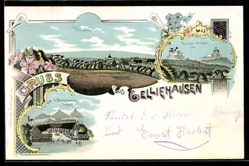 Lithographie Gelliehausen, C. Marpmann`s Gasthaus, Die alten Gleichen, Panorama des Ortes