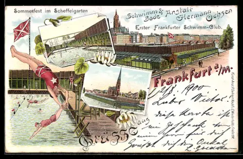 Lithographie Frankfurt-Nordend, Schwimm- & Bade-Anstalt Hermann Ochsen, Sommerfest im Scheffelgarten, Turmspringer
