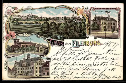Lithographie Eilenburg, Kaiserliches Postamt, Bahnhof, Rathaus