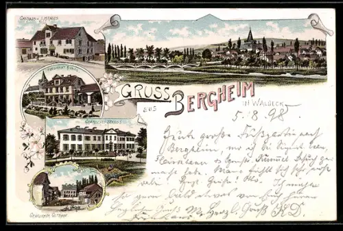 Lithographie Bergheim in Waldeck, Gasthaus von J. Menges, Pensionat Kunze, Gräfliches Schloss, Gräflicher Gutshof
