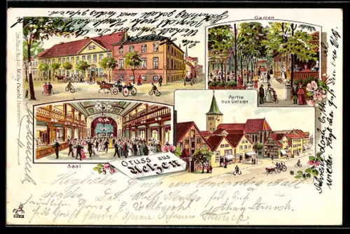 Lithographie Uelzen, Gasthaus Drei Linden, Gartenansicht, Saal, Partie in der Stadt