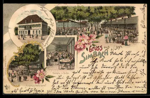 Lithographie Simbach a. Inn, Kerl`s Gasthaus zur Traube, Glashalle mit Buffet, Gartenansicht