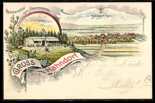 Lithographie Hahndorf a. Harz, Restaurant zum Försterberg, Totalansicht des Ortes