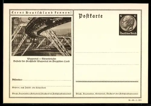 AK Wuppertal, Ansicht der Schwebebahn-Strecke, Ganzsache Lernt Deutschland kennen