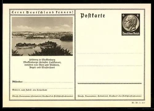 AK Feldberg in Mecklenburg, Ortsansicht mit Seenplatte, Ganzsache Lernt Deutschland kennen