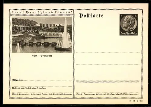 AK Essen, Grugapark mit Fontänen, Ganzsache Lernt Deutschland kennen