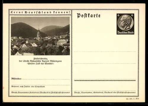 AK Friedrichroda, Ortsansicht mit bewaldeten Berghöhen, Ganzsache Lernt Deutschland kennen