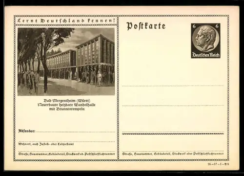 AK Bad Mergentheim /Württ., Neuerbaute Wandelhalle mit Brunnentempeln, Ganzsache Lernt Deutschland kennen