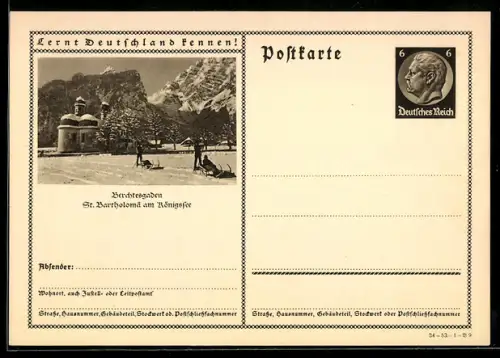 AK Berchtesgaden, St. Bartholomä am Königssee, Ganzsache Lernt Deutschland kennen