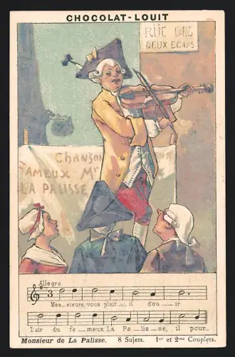 Sammelbild Chocolat Louit, Monsieur de La Palisse, 8 Sujets, 1er et 2me Couplets