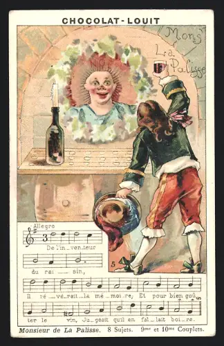 Sammelbild Chocolat Louit, Monsieur de La Palisse, 8 Sujets, 9me et 10me Couplets