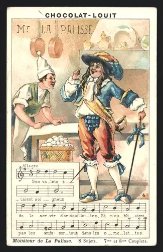Sammelbild Chocolat Louit, Monsieur de La Palisse, 8 Sujets, 7me et 8me Couplets