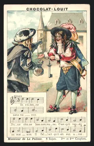 Sammelbild Chocolat Louit, Monsieur de La Palisse, 8 Sujets, 3me et 4me Couplets