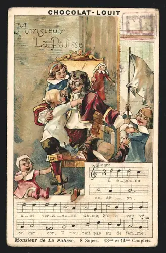 Sammelbild Chocolat Louit, Monsieur de La Palisse, 8 Sujets, 13me et 14me Couplets