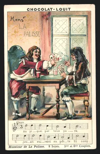 Sammelbild Chocolat Louit, Monsieur de La Palisse, 8 Sujets, 5me et 6me Couplets