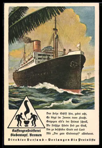 AK Bremen, Kaffeegrossrösterei Siedentopf und Passagierschiff auf Fahrt
