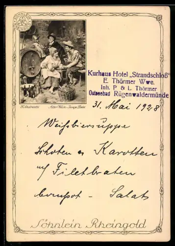 Künstler-AK Gruppe am Weinfass mit Söhnlein Rheingold Wein