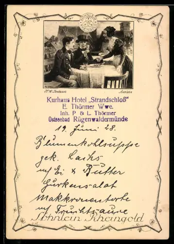 Künstler-AK Dame giesst einem Herrn Söhnlein Rheingold Wein ein
