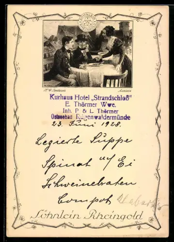 Künstler-AK Dame giesst einem Herrn Söhnlein Rheingold Wein ein