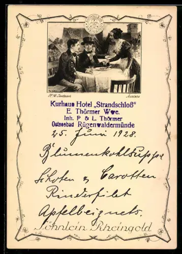 Künstler-AK Dame giesst einem Herrn Söhnlein Rheingold Wein ein