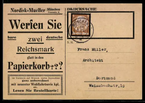 AK München, Nordisk-Mueller, Frauenstrasse 6, Briefmarkenankauf
