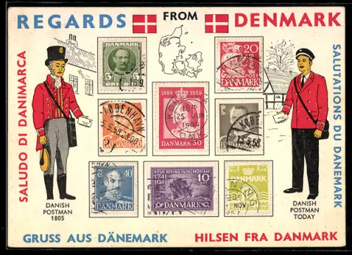 AK Dänische Briefmarken, Postboten 1805 und modern