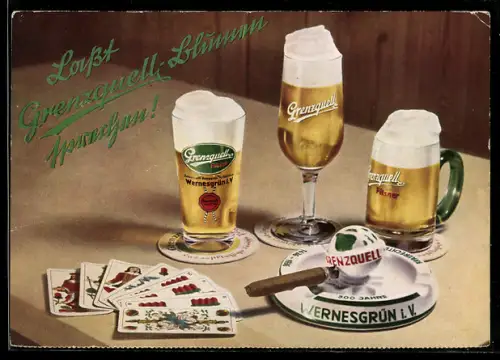 AK Wernesgrün Brauerei-Werbung, Biergläser und Karten auf einem Tisch