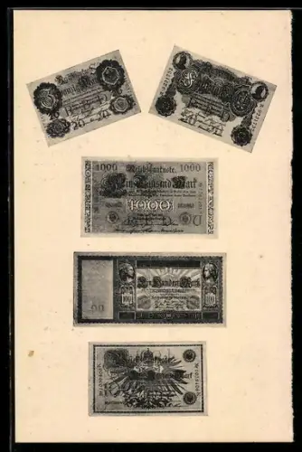 AK Reichsbanknoten, 20 Mark, 50 Mark, 1000 Mark, 100 Mark, Geldscheine