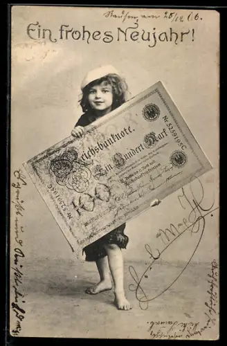 AK Kind mit riesigem Geldschein, Reichsbanknote 100 Mark
