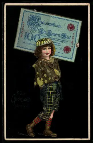 AK Kind trägt grossen Geldschein, Reichsbanknote 100 Mark