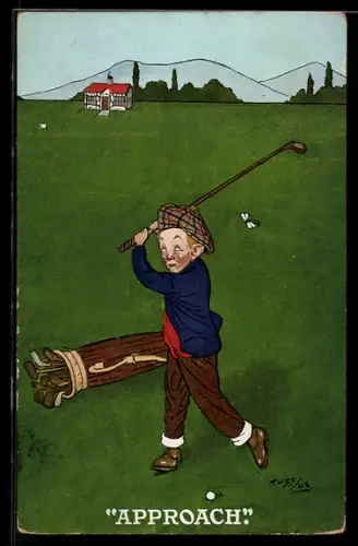 Künstler-AK Kleiner Golfspieler setzt zum Schlag an