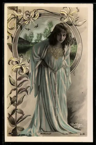 Foto-AK Atelier Reutlinger, Paris, Jugendstil, Frau im Kleid vor einem Landschaftsbild stehend