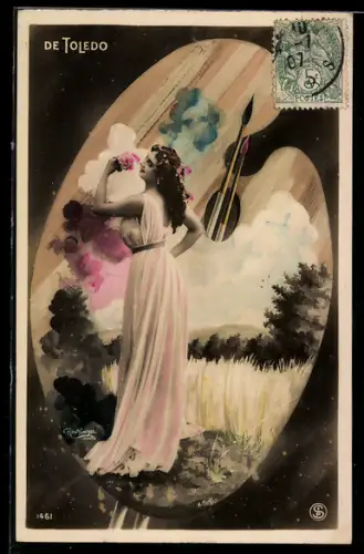 Fotomontage-AK Atelier Reutlinger, Paris: Schauspielerin de Toledo, Portrait auf Mischpalette