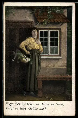 AK Dame steht mit Blumenkorb vor einem Haus, Fliegt dies Kärtchen von Haus zu Haus...