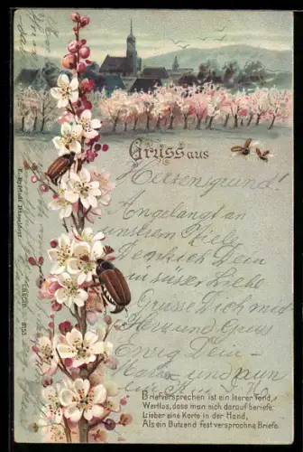 Lithographie Maikäfer an Blumen, Gedicht Briefversprechen ist ein leerer Tand. Wertlos, dass man...