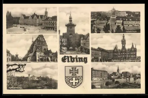 AK Elbing / Elblag, Markttor, Jahnschule, Marienkirche