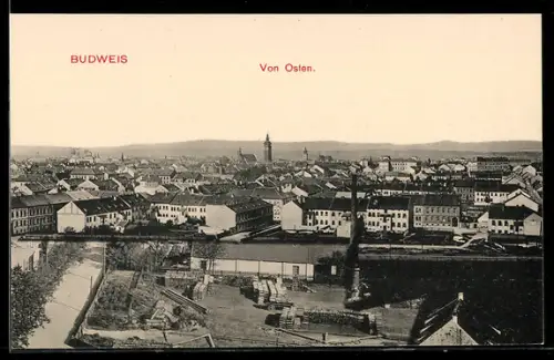 AK Budweis, Ortsansicht von Osten aus mit Eisenbahnstrecke