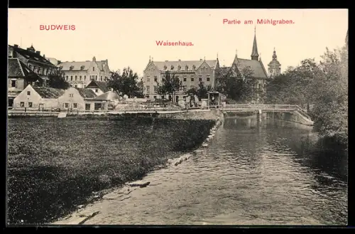 AK Budweis, Waisenhaus und Kirche am Mühlgraben