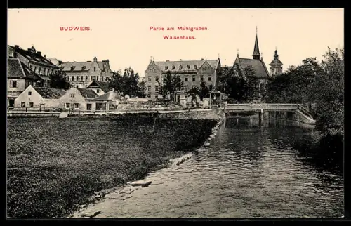 AK Budweis, Waisenhaus und Kirche am Mühlgraben