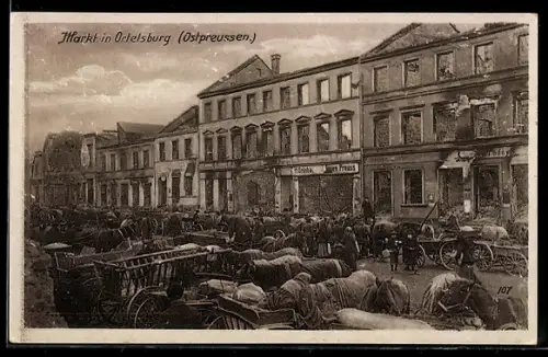 AK Ortelsburg, Markt, im Weltkrieg zerstörte Häuser