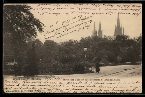 AK Wiesbaden, Partie am Theater mit Rosarium und Musikpavillon