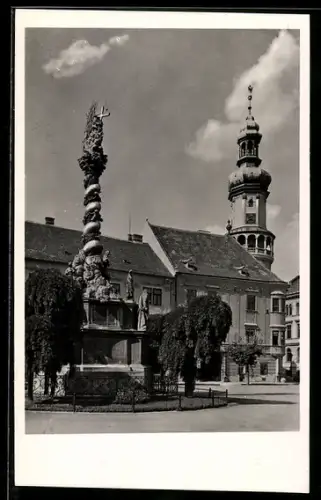 AK Sopron, Pestsäule und Feuerturm auf dem Hauptplatz
