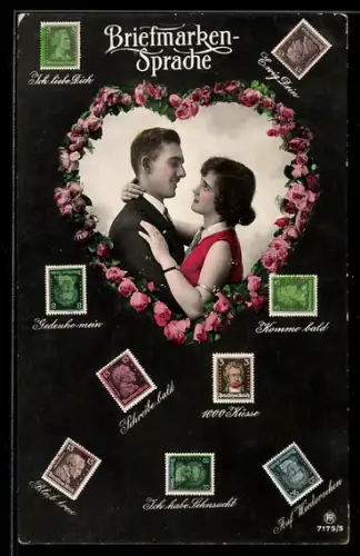 AK Briefmarkensprache, Paar in Herz aus Rosen