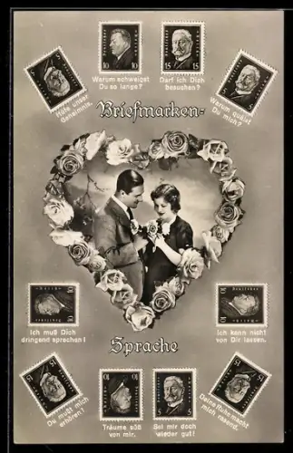 AK Briefmarkensprache, Paar mit Rosen