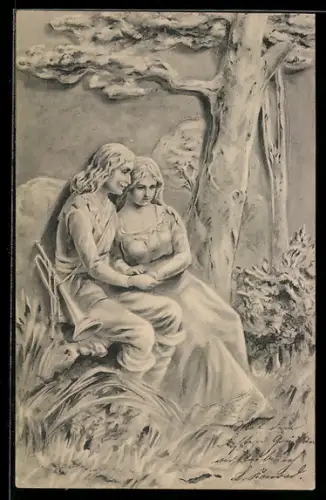 Lithographie Trompeter von Säckingen mit einer Frau unter einem Baum
