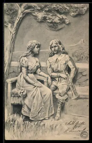 Lithographie Trompeter von Säckingen auf einer Bank