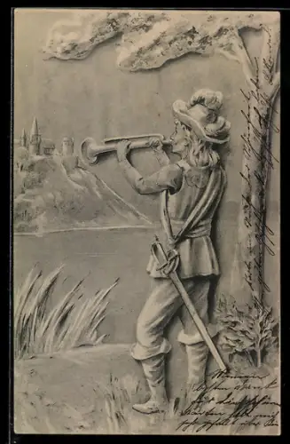 Lithographie Trompeter von Säckingen am Ufer stehend