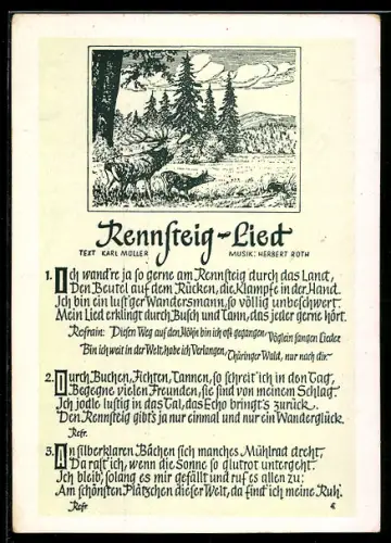 AK Rennsteig-Lied von Karl Müller, Musik von Herbert Roth, Waldlandschaft mit Wild