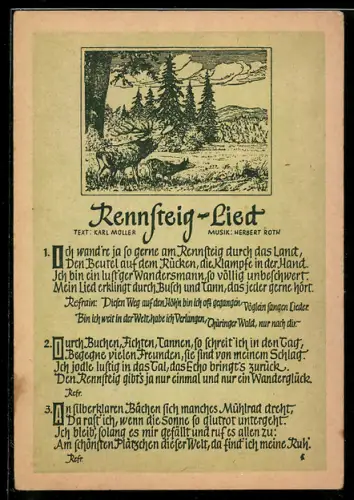 AK Reinsteig-Lied von Karl Müller, Musik v. Herbert Roth, Hirsch im Wald